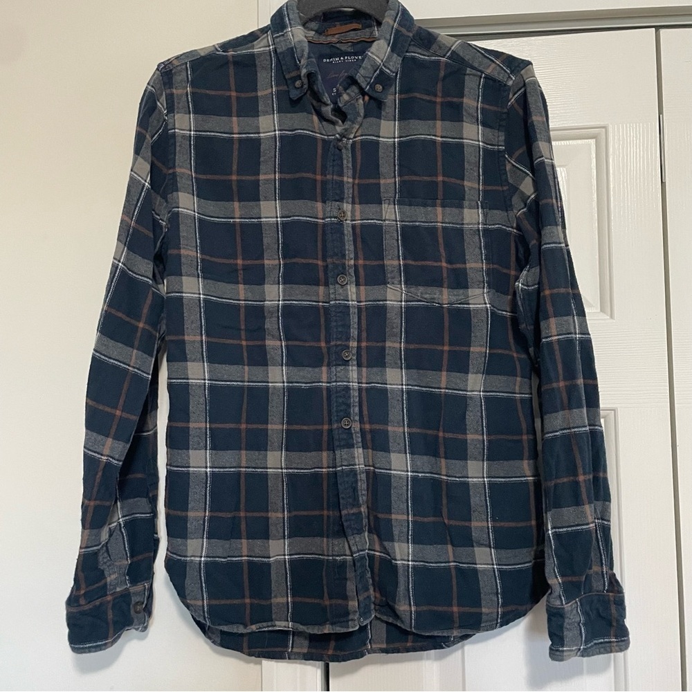 Denim & Flower Ricky Singh Navy Blue Green Plaid Long Sleeve Flannel Size Small